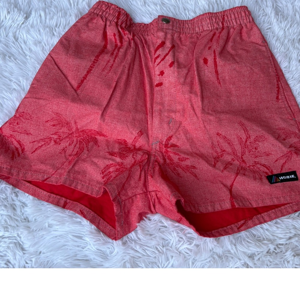 Vintage Hobie Swim Trunks Shorts 80s Rainbow Logo Mens Red Palm Tree Print